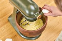 Batter is made in the KitchenAid Design Series Evergreen Stand Mixer