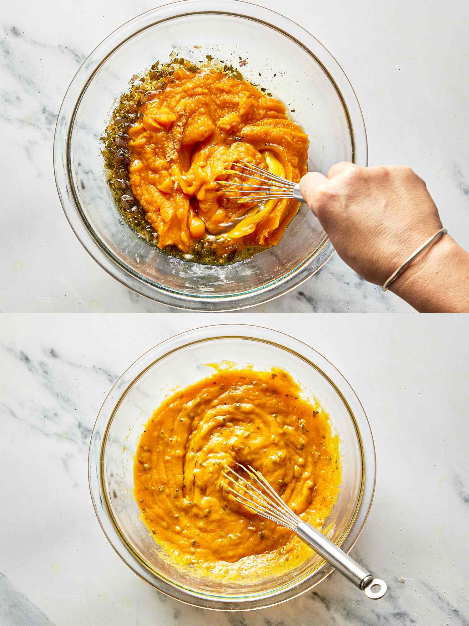 Two images showing a whisk mixing ingredients in a clear bowl illustrating the preparation of a pumpkin lasagna filling