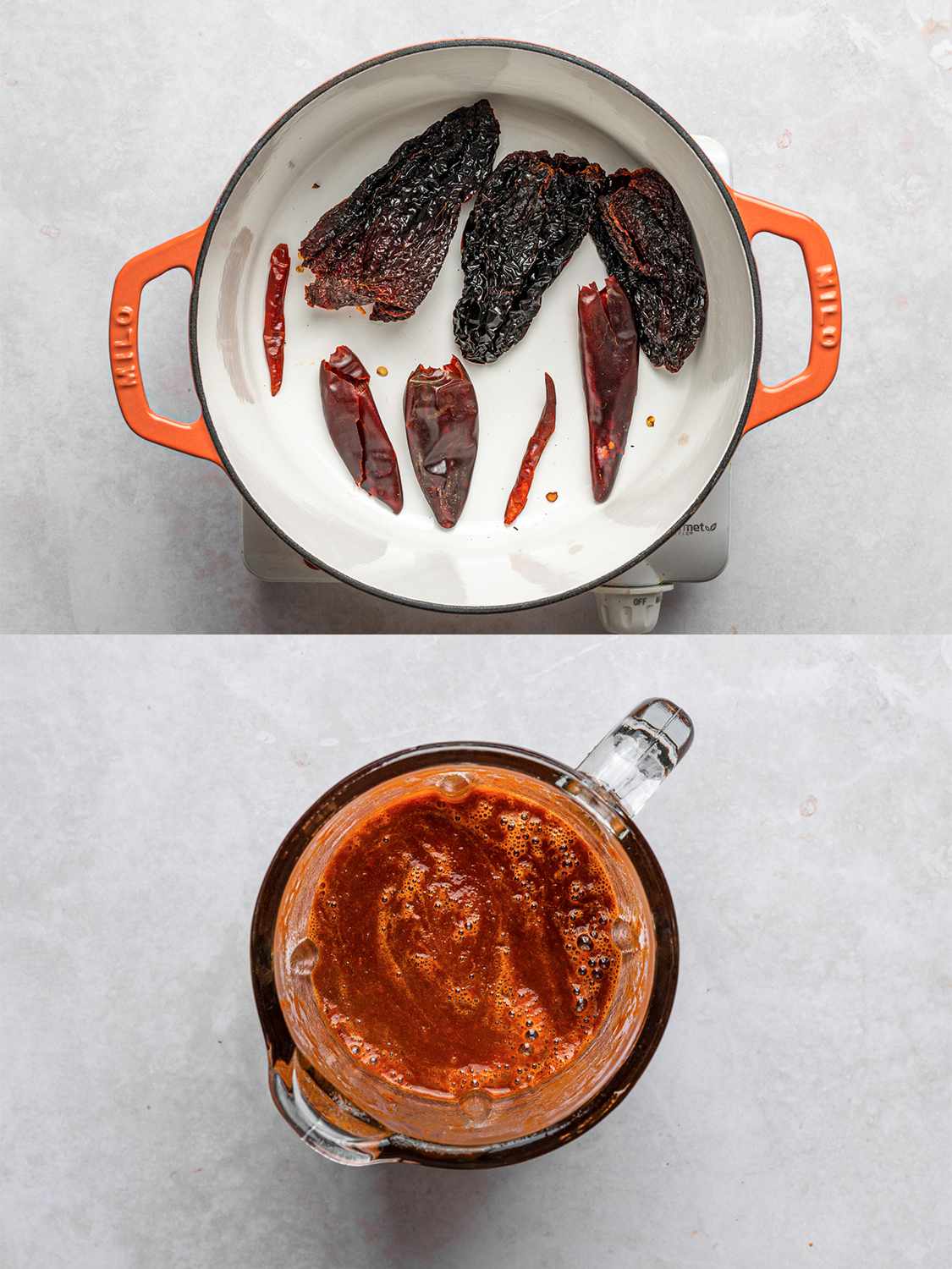 A two-image collage. The top image shows a Dutch oven holding dried chiles, which are being toasted. The bottom image shows the toasted chiles and liquid now blended into a smooth puree inside of the bowl of a blender.