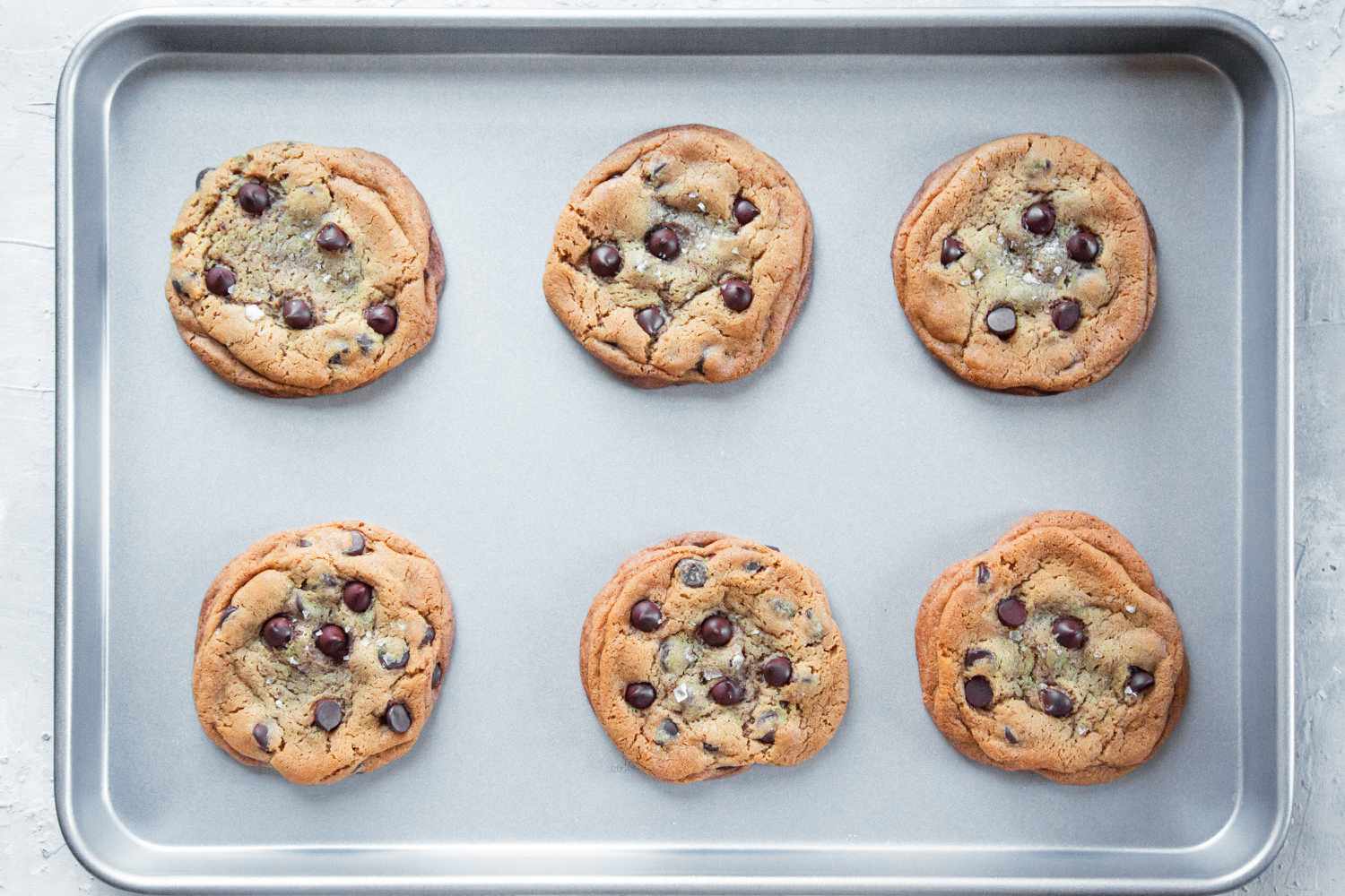 Chocolate chip cookies on a nonstick baking pan