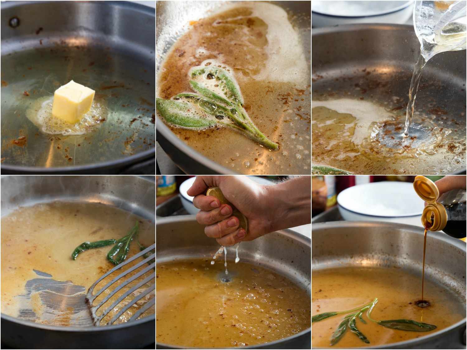 A 6-image collage illustrating stages of making pan sauce for saltimbocca: adding butter, sage leaves, wine, lemon juice, and light soy sauce. 
