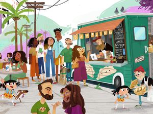 An illustration of a line of diverse adults and children lined up at a dumpling truck.