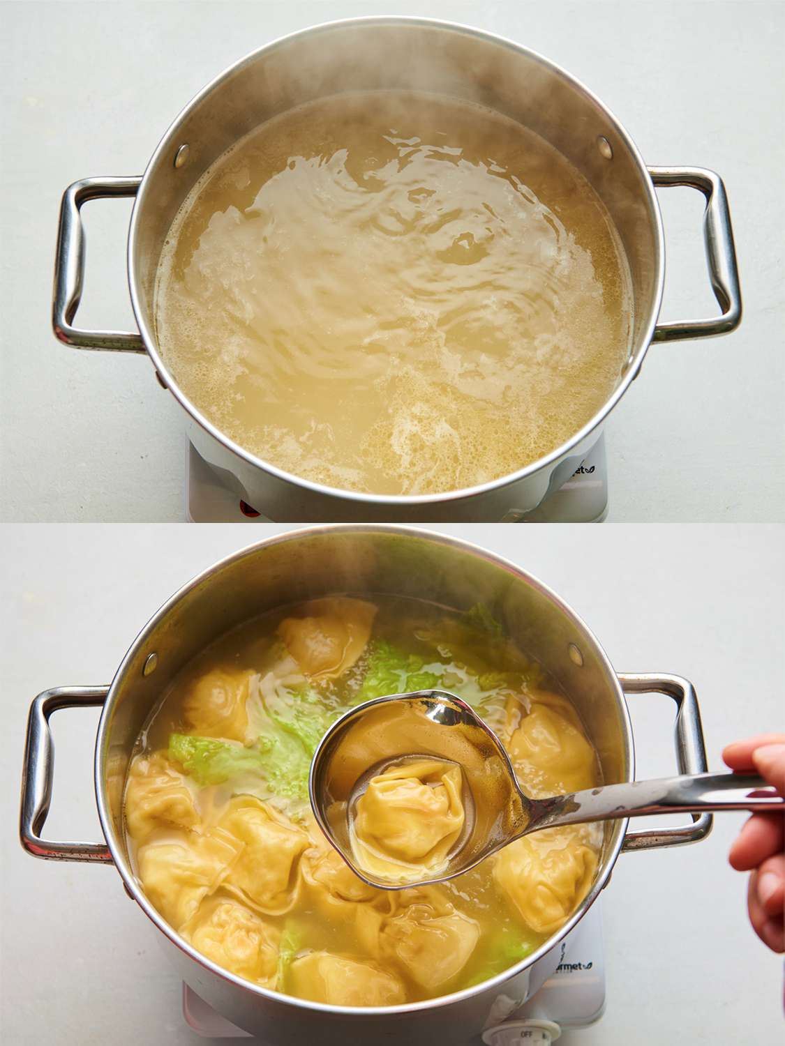 A two-image collage. The top image shows a stainless steel pot holding the broth brought to a boil. The bottom image shows the broth now holding the cooked wontons and cabbage leaves, with a metal ladle lifting a single wonton out of the pot to demonstrate its color and texture.