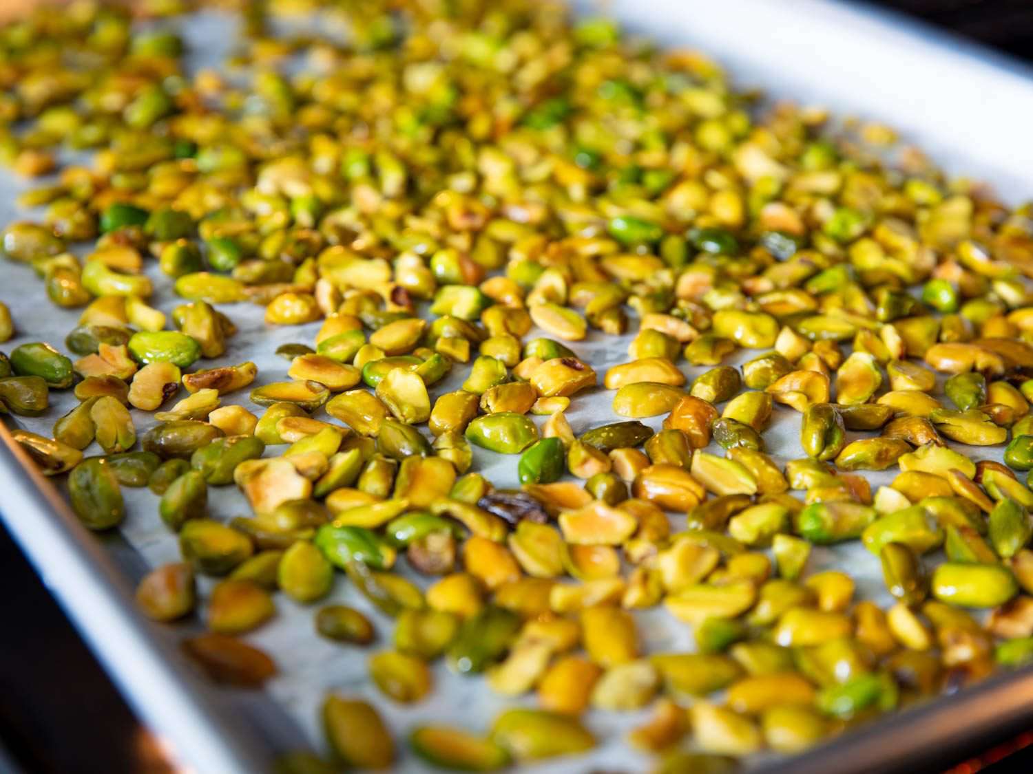 Blanched and toasted pistachios.