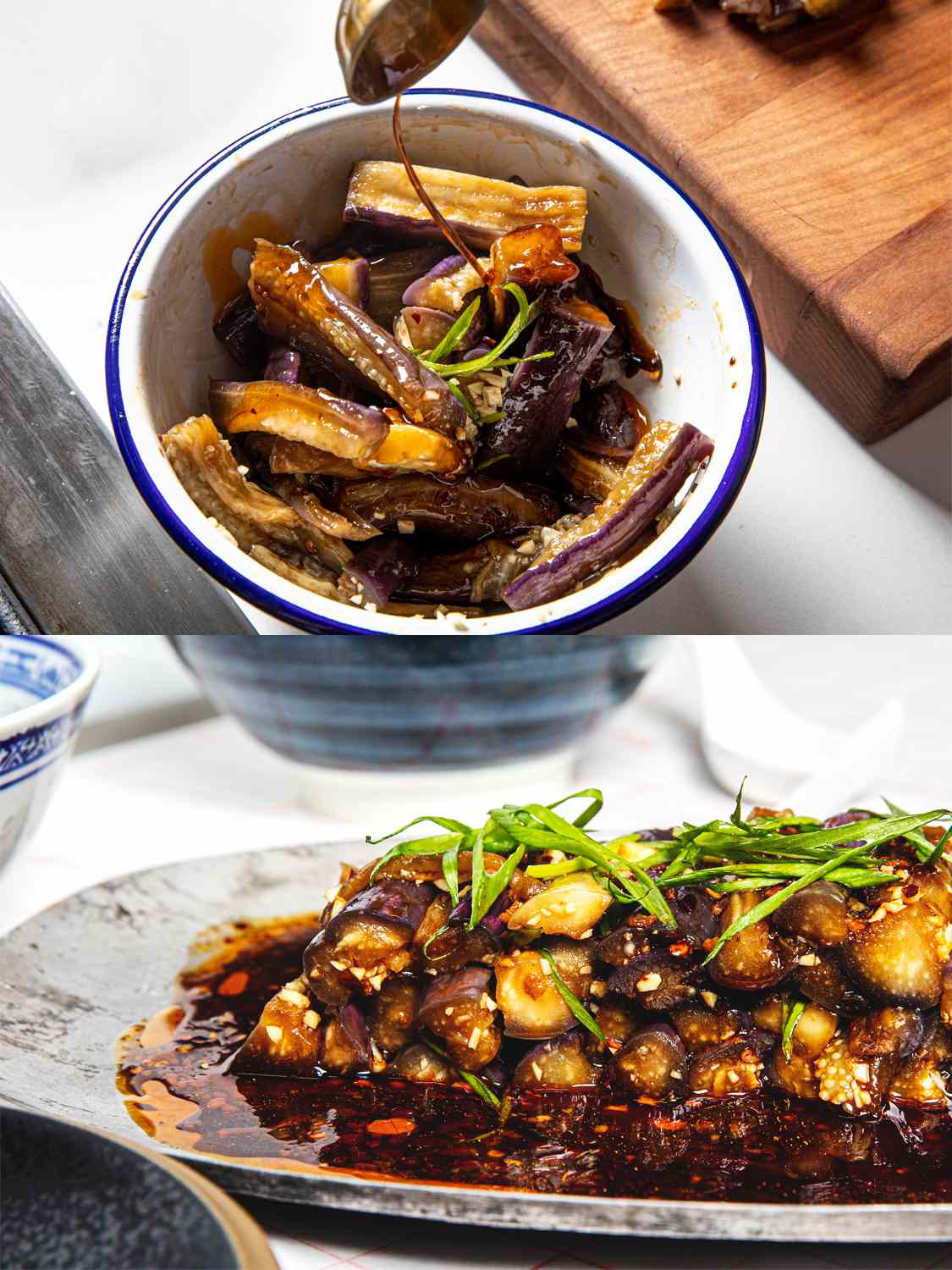 Two image collage. Top: dressing being spooned over eggplants with garlic and scallions. Bottom: Eggplant salad stacked on a greystone ware tray