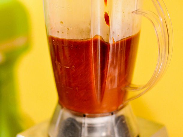 Homemade Kansas City-style barbecue sauce in the jar of a blender. 