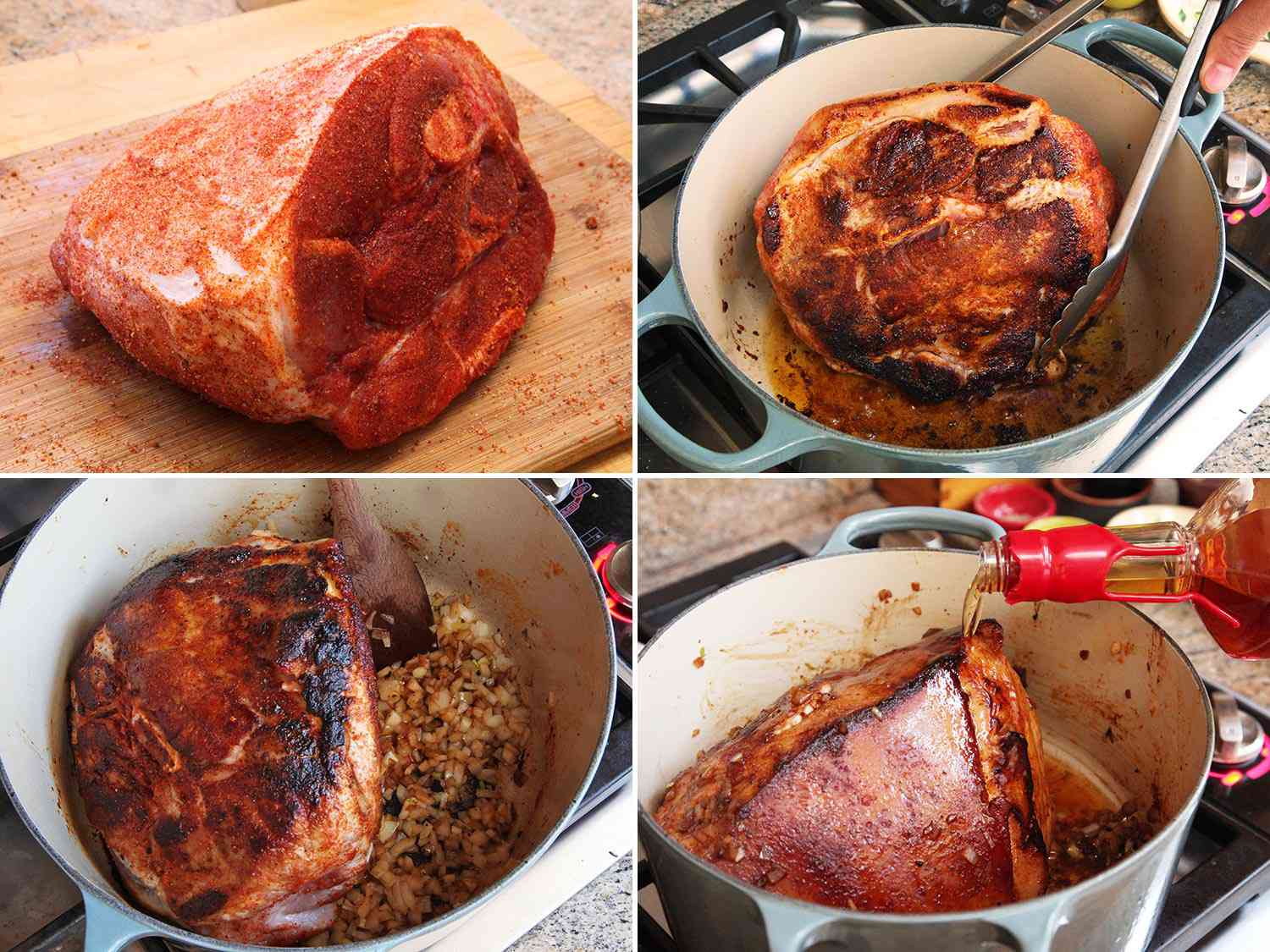 A collage of four photos with pork being cooked at various stages. The top left image has a raw pork piece that's seasoned on a cutting board. The top right image has the pork being browned and moved with tongs in a Dutch oven. The bottom left image has the pork in the Dutch oven with onions being stirred. The bottom right image has the pork having some bourbon being poured over the top of it while it cooks.