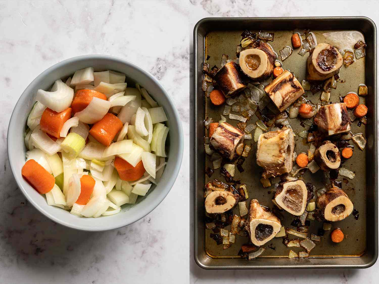 A 2-image collage of prepped onion, carrot, and celery in a bowl and roasted beef bones with vegetables on a baking sheet.