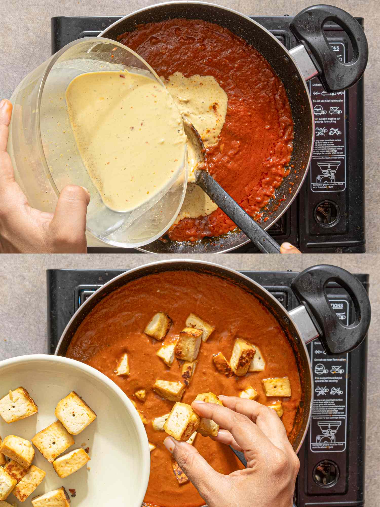 Twostep collage showing tofu preparation for tikka masala cooking mixing sauce in one step and adding tofu cubes in the next