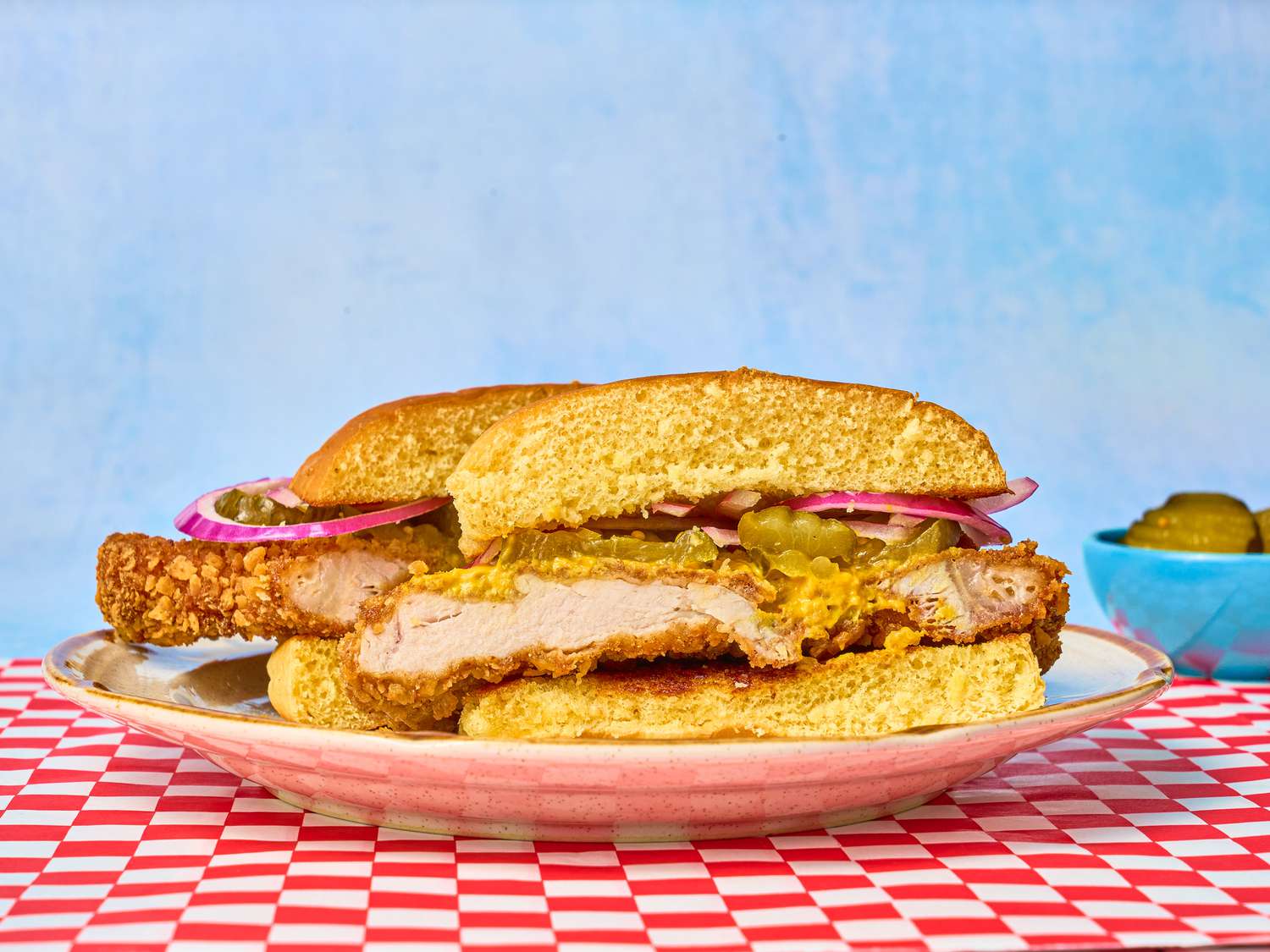 Side view of breaded pork sandwich