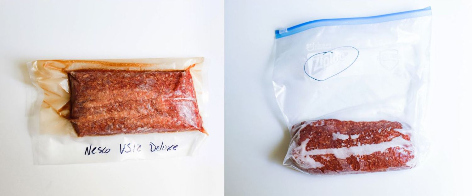 A vacuum-sealed bag containing ground beef next to a zip-top plastic bag of ground beef