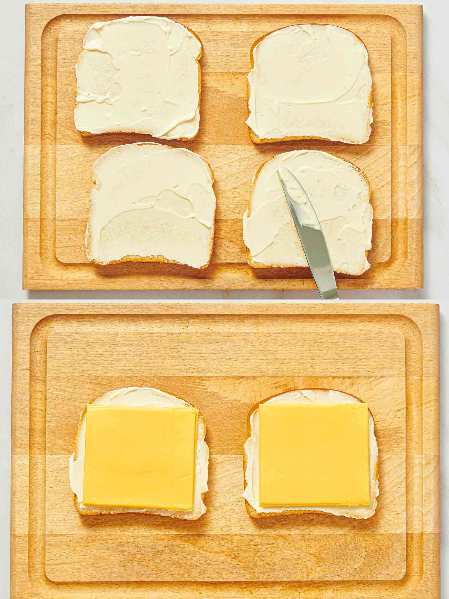 Two image collage of spreading mayo and adding cheese