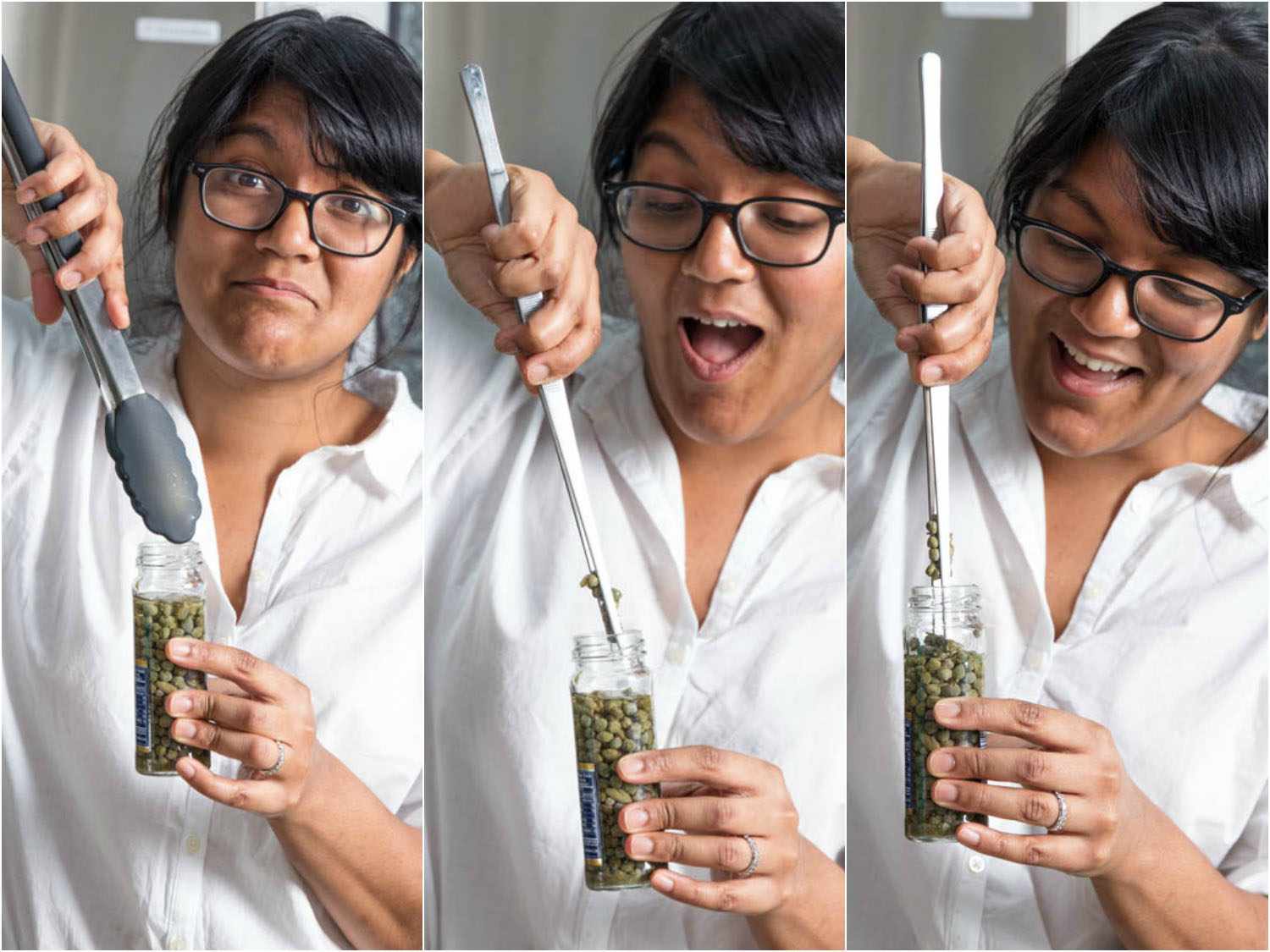 collage of tweezers getting capers out of a jar
