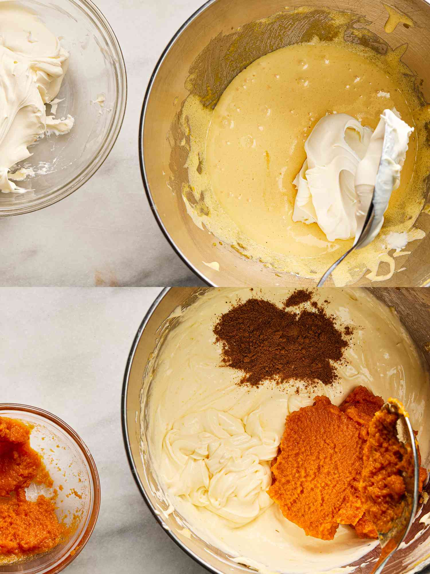 2 image collage. Top: a spoon adding mascapone cheese to a mixer bowl with egg yolks, sugar, and salt. Bottom: adding pumpkin spices to mixture 