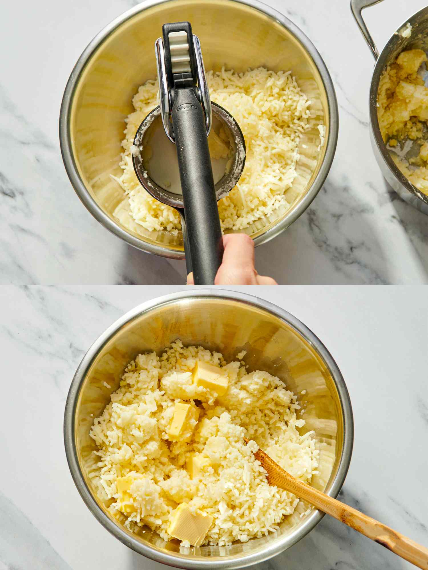 Two steps of preparing a dish with grated potatoes in a mixing bowl topped with butter and a garlic press on the side