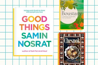 Covers of books titled Good Things by Samin Nosrat Boustany by Sami Tamimi and Chesnok displayed on a gridpatterned background