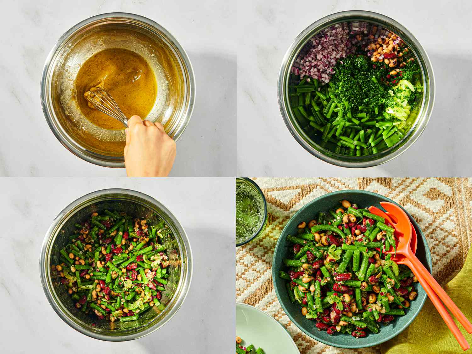Four steps of preparing a bean salad ingredients and dressing mixed in a bowl served in a dish with a spoon