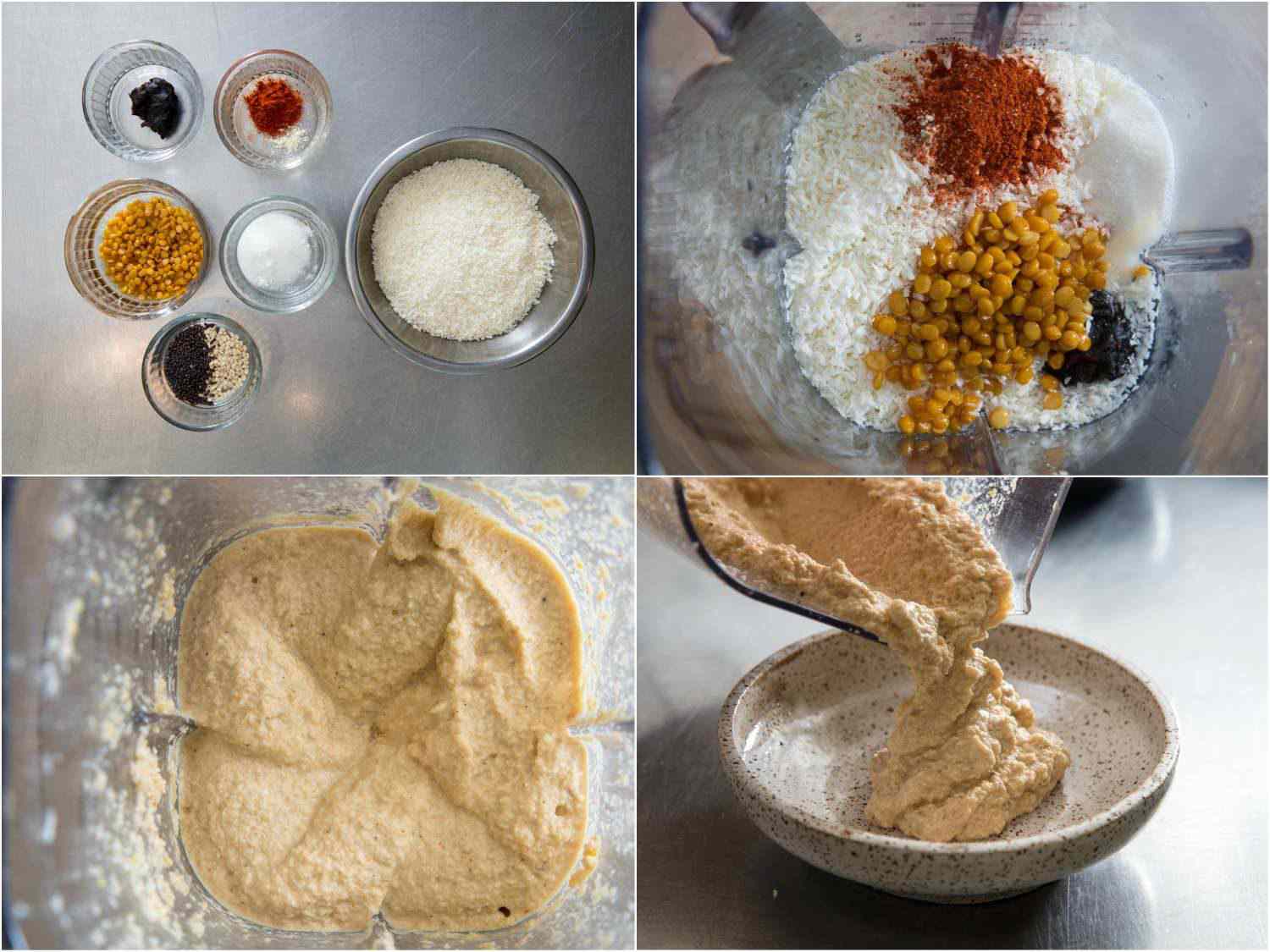 Collage of assembling ingredients for the coconut chutney and blending it together.