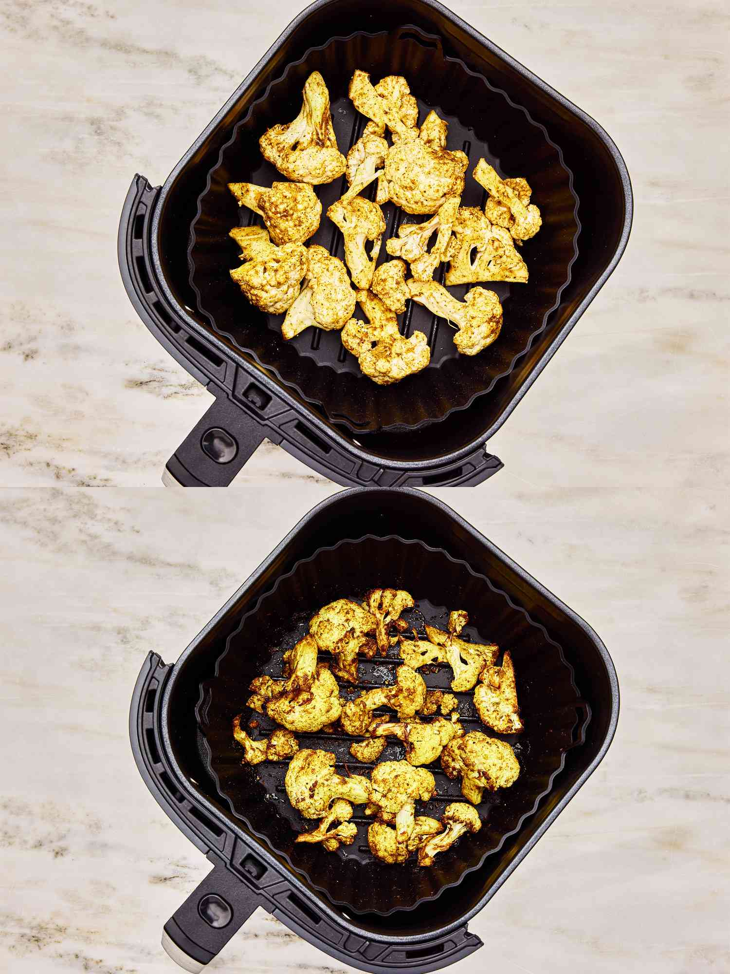 Two image collage of cauliflower in airfryer before and after being baked