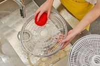 A person washing the tray of Nesco Snackmaster Pro Food Dehydrator