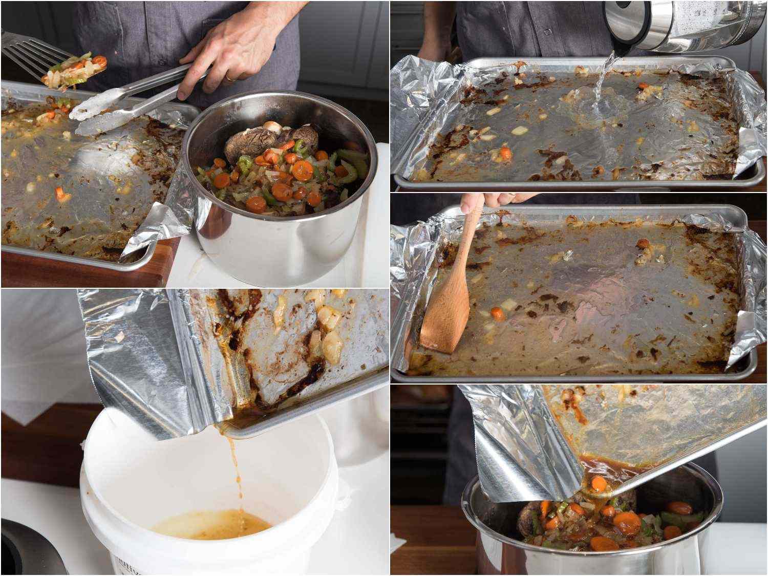 A 5-image collage: transferring bones and mirepoix from the baking sheet to the pressure cooker, deglazing the pan with hot water, pouring the juices to a container, scraping the baking sheet with a wooden spatula.