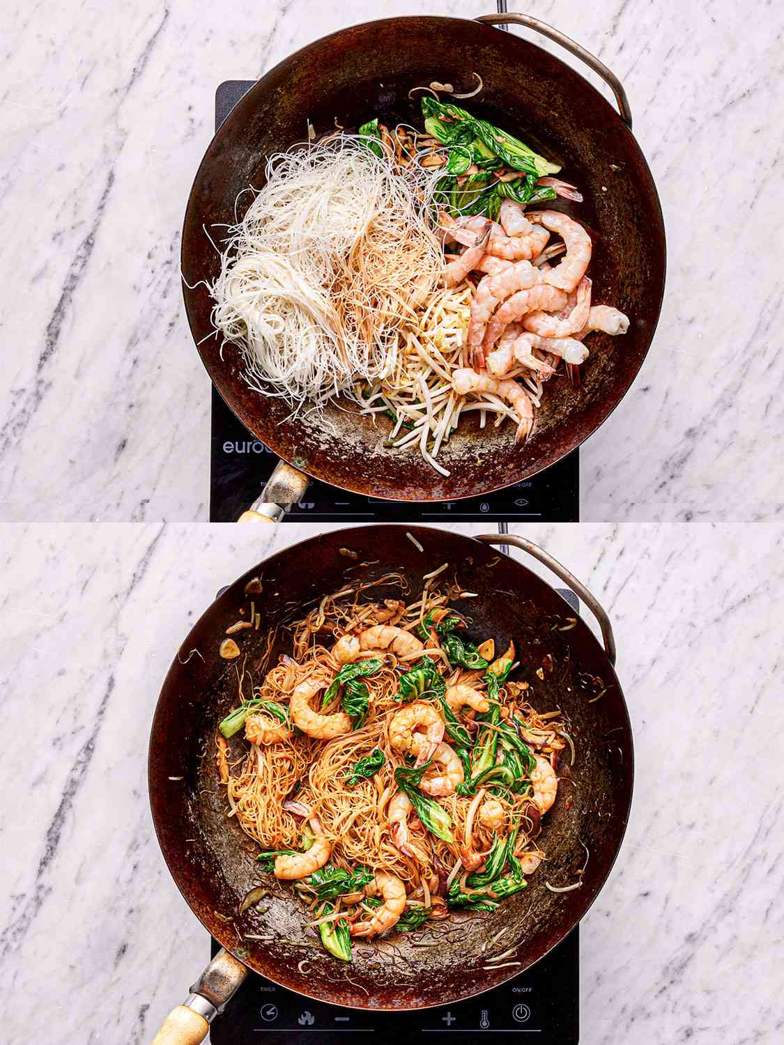 Two image collage of all ingredients being mixed together in wok