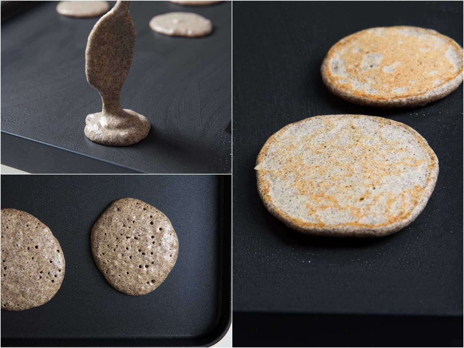 Process shots of cooking buckwheat blini on a griddle