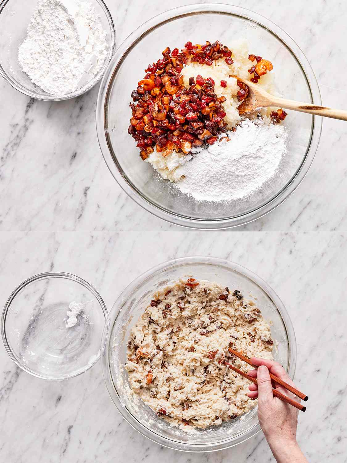 Two image collage of overhead view of sausage and bacon added to daikon then flour added and a sticky dough formed