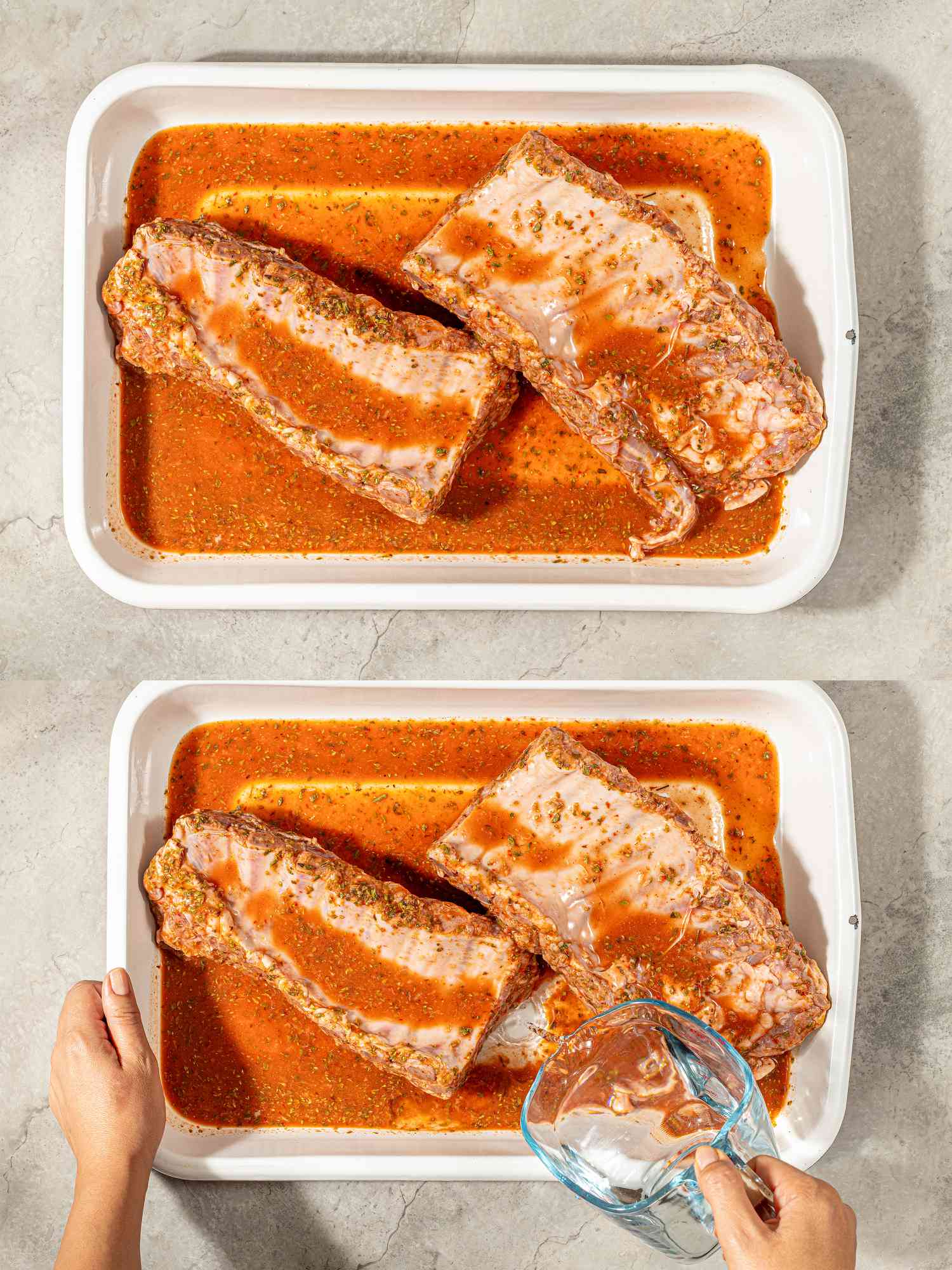 Overhead view of ribs in marinate and water being added