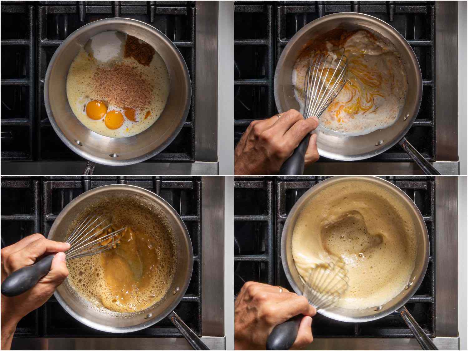Collage of photos showing egg yolks, sugar, milk, cinnamon, ginger, and nutmeg being whisked in a saucier