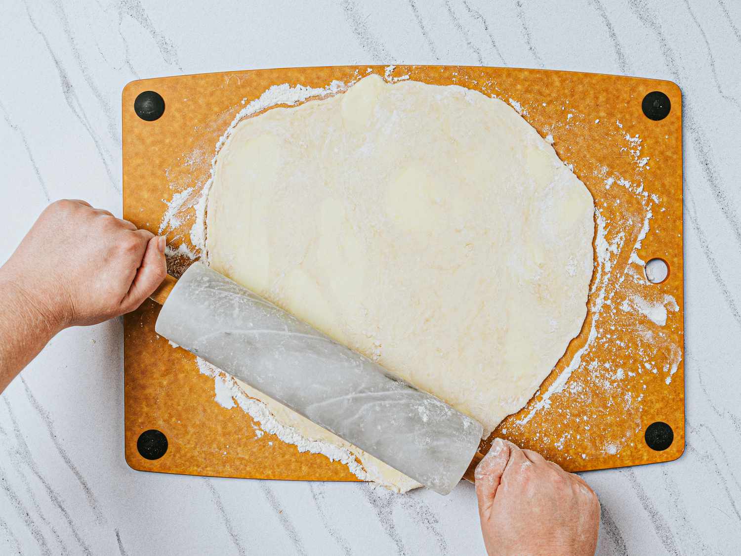 Overhead view of rolling dough