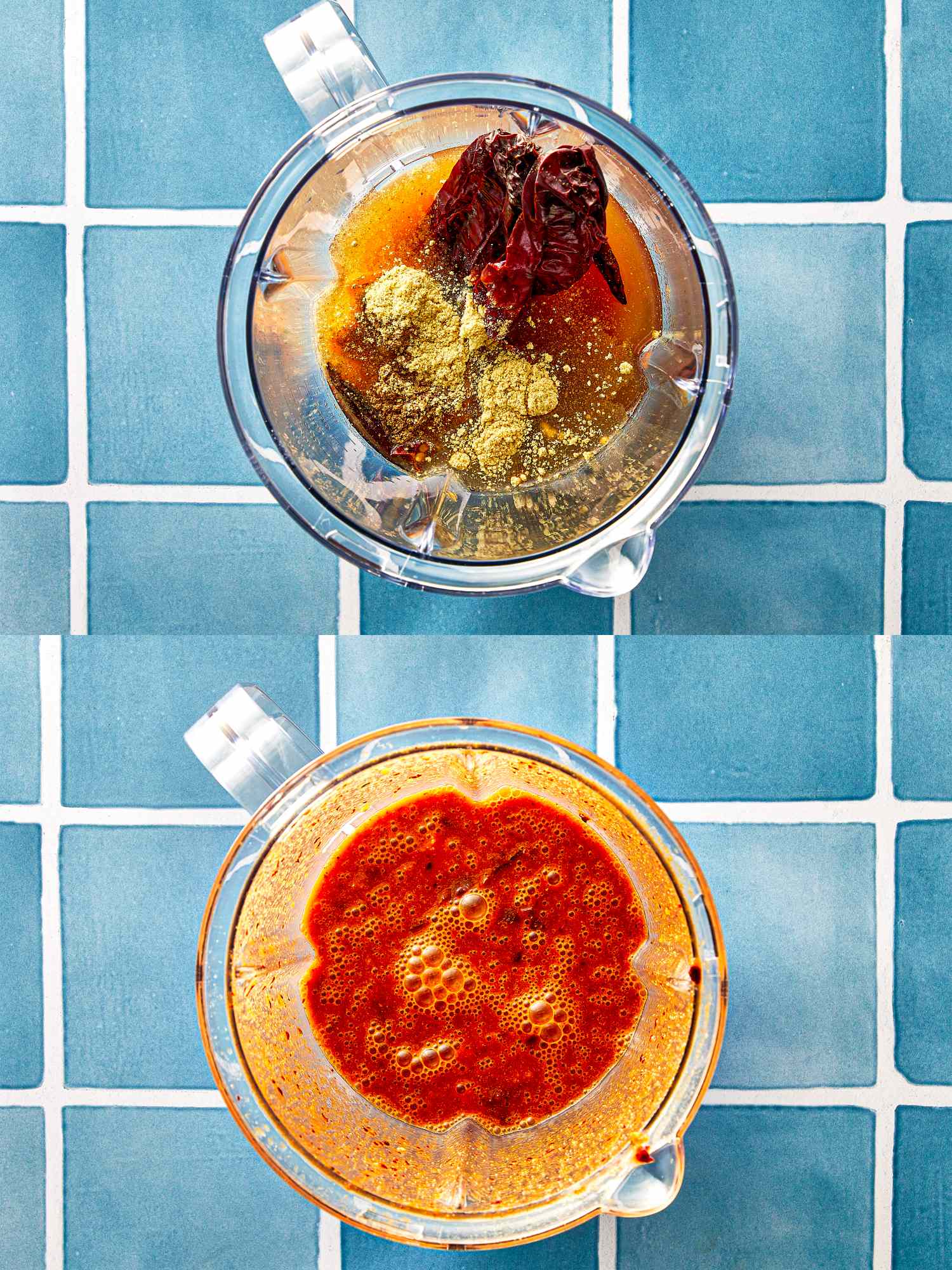 Ingredients for a sauce in a blender blended into a smooth mixture