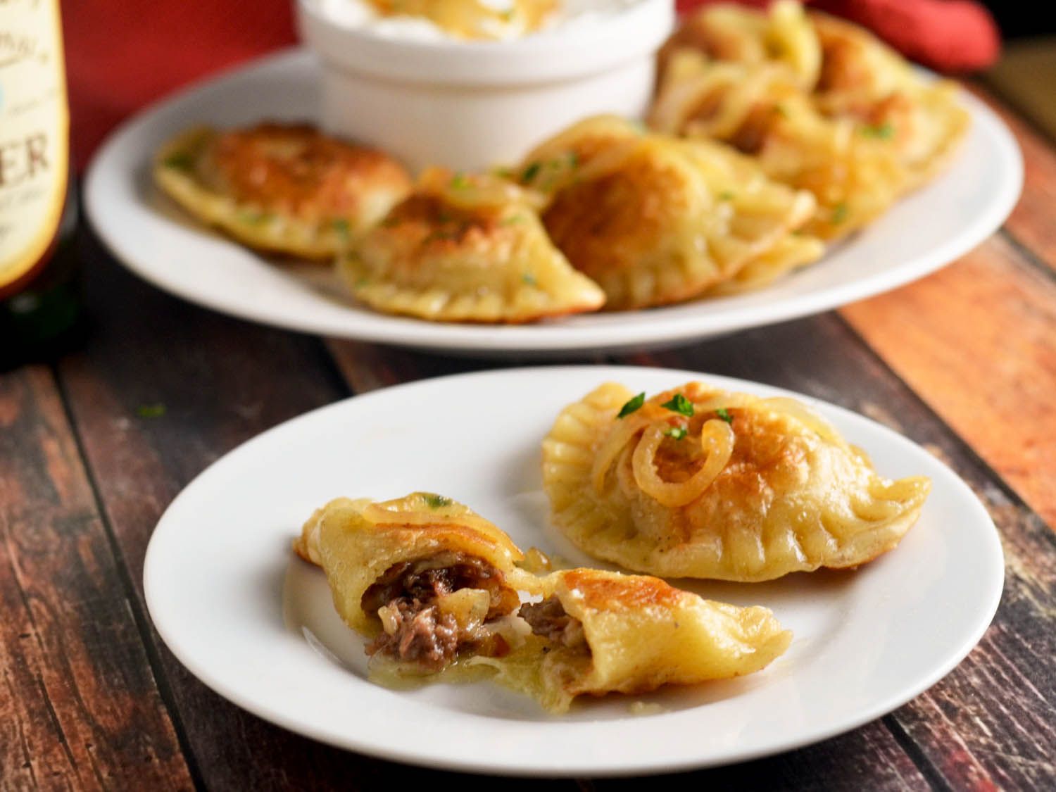 inside view of pierogi with cheesesteak filling