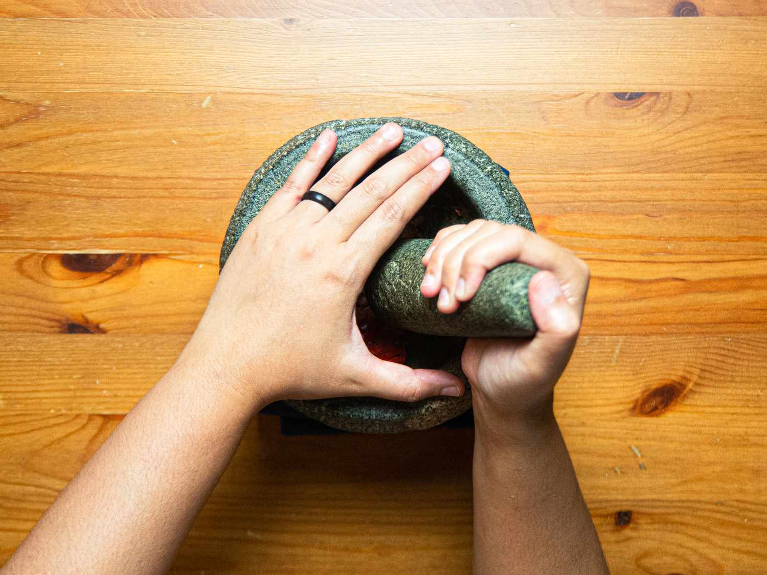 Overhead view of mortar and pestle