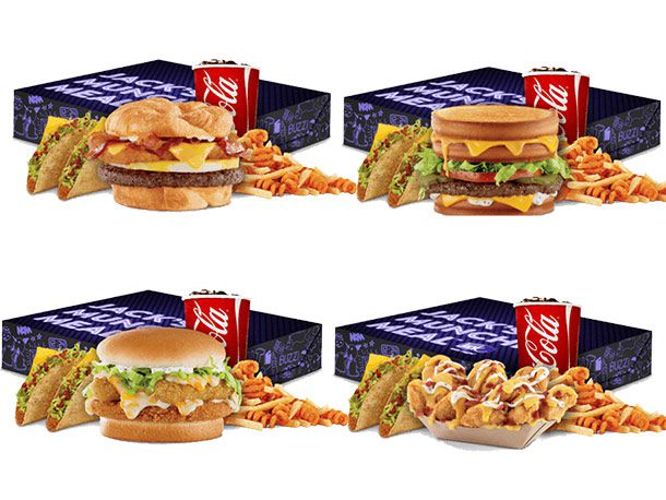 A four-image collage of Jack in the Box Munchie meals.