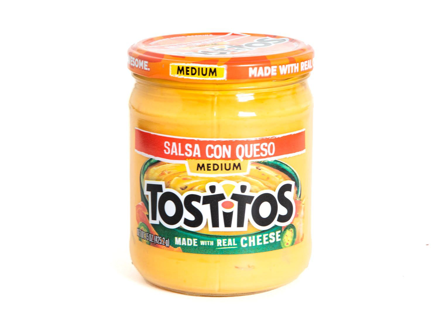 Ajar of medium spice Tostitos salsa con queso.
