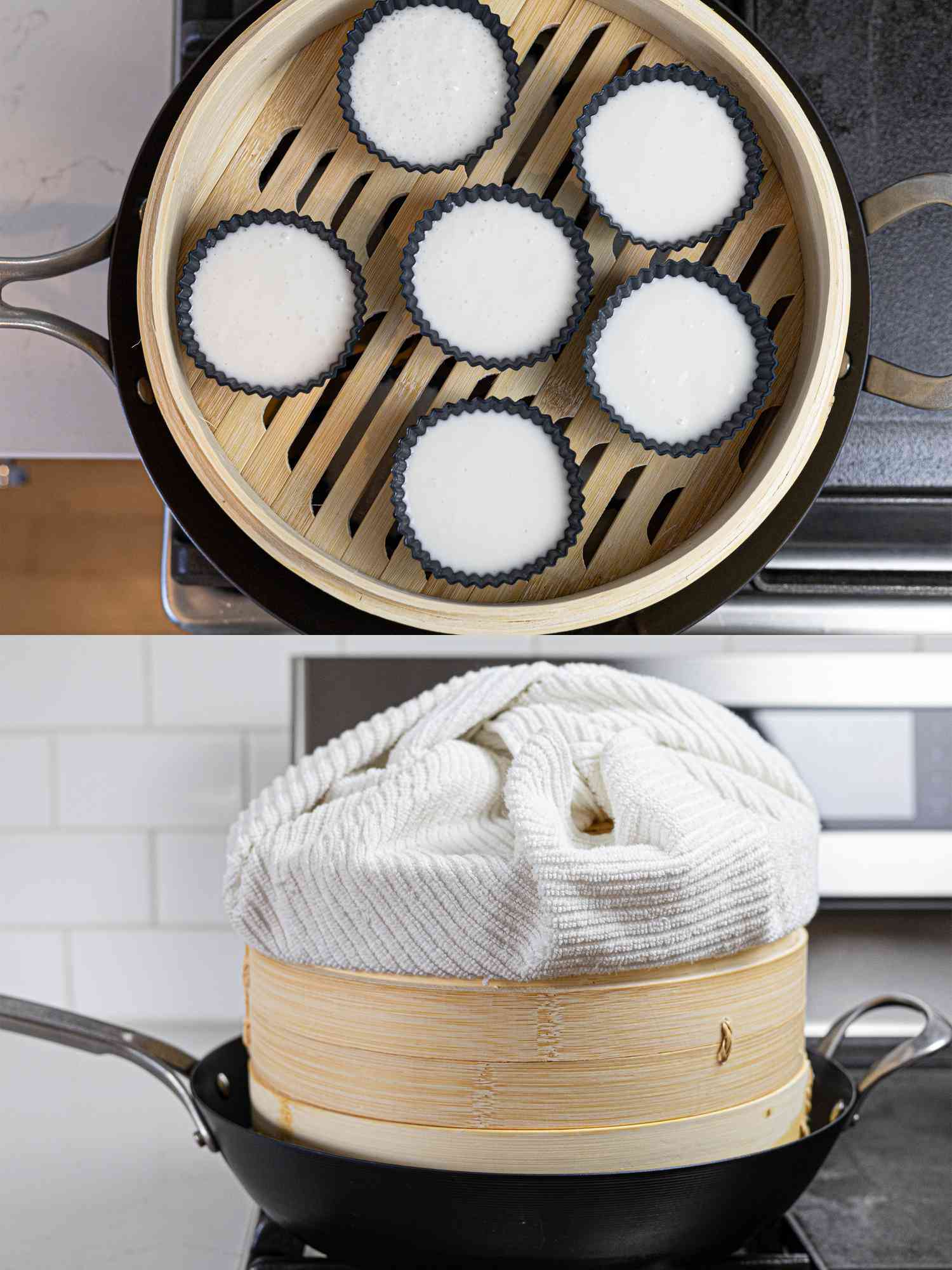 Two image collage of puto batter in molds in steamer basket and lids wrapped with towel