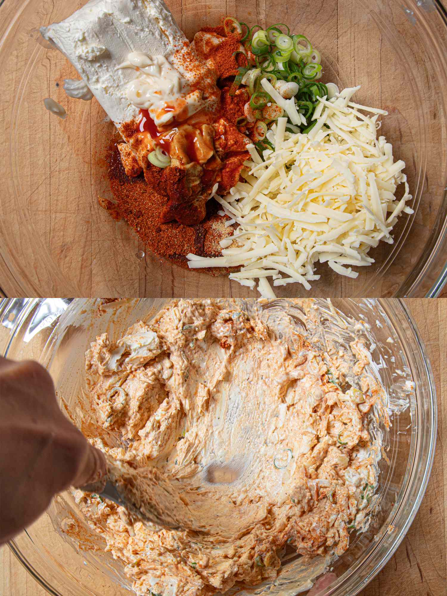 Ingredients for a spicy crab dip being mixed in a bowl in preparation steps