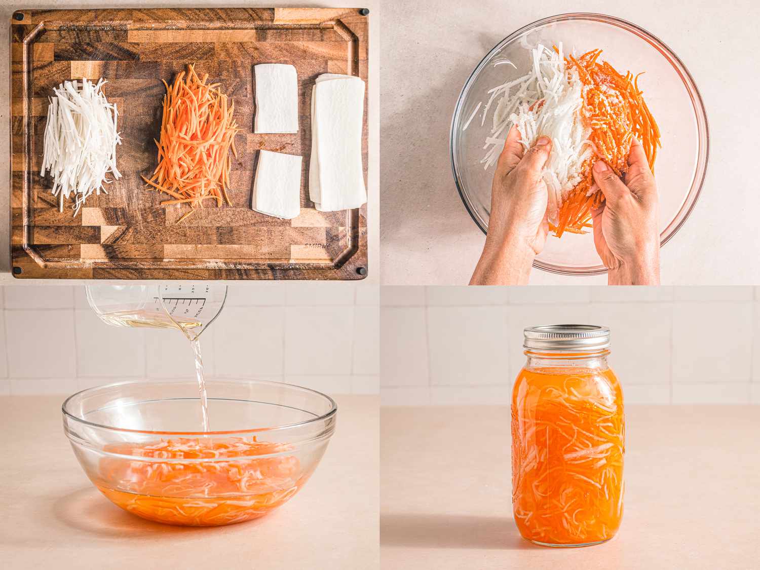 A four-image collage showing the pickles being made. The top left image shows the sliced vegetables on a wooden cutting board, the top right image shows two hands mixing the vegetables with the sugar and salt in a glass bowl. The bottom left image shows the liquid being added to the bowl. The bottom right image shows the vegetables and brine inside of a mason jar.