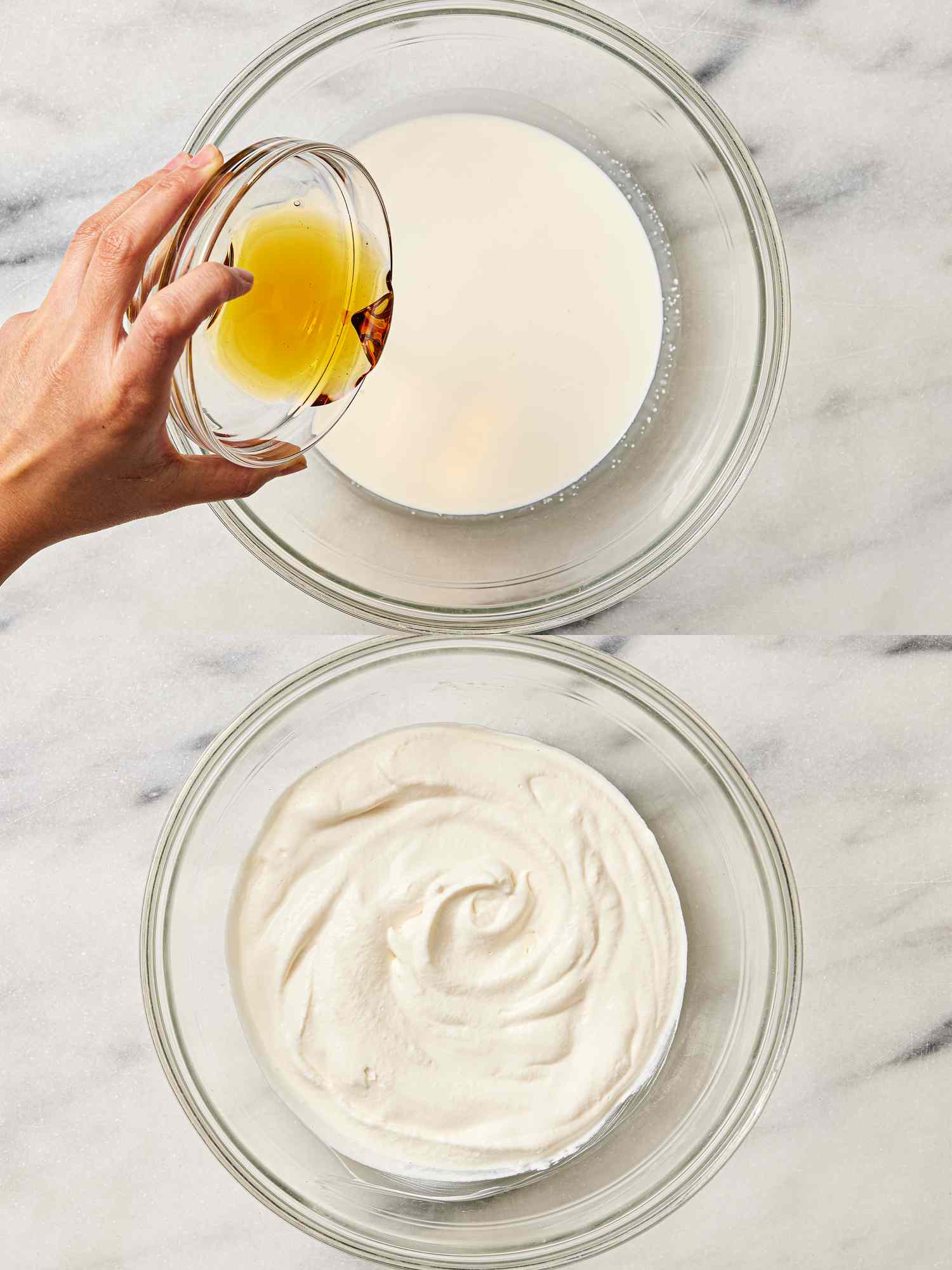 2 image collage. Top: Maple syrup added to cream in a glass bowl on marble surface. Bottom: Cream beaten to medium peaks in a glass bowl, on marble surface 