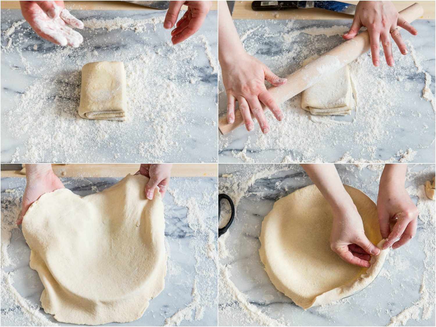 Collage of rolling out pie dough: block of layered dough, rolling out flat, draping dough over pie plate, crimping crust edges