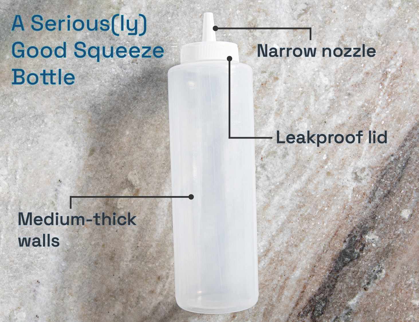 A seriously good squeeze bottle has a narrow nozzle, leakproof lid, and medium-thick walls