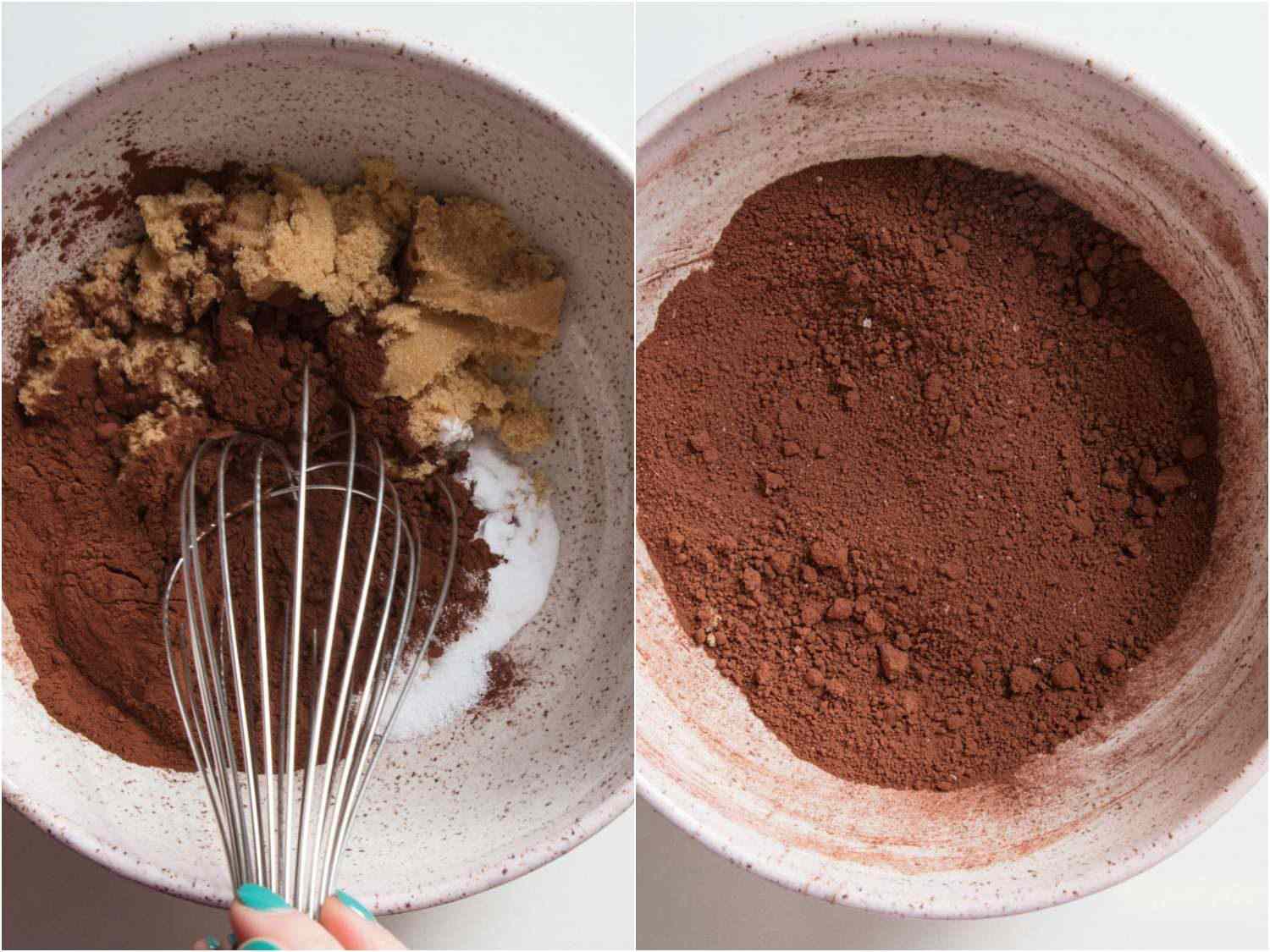 Side by side images of mixing the dry ingredients for dairy-free chocolate cake until well combined. 