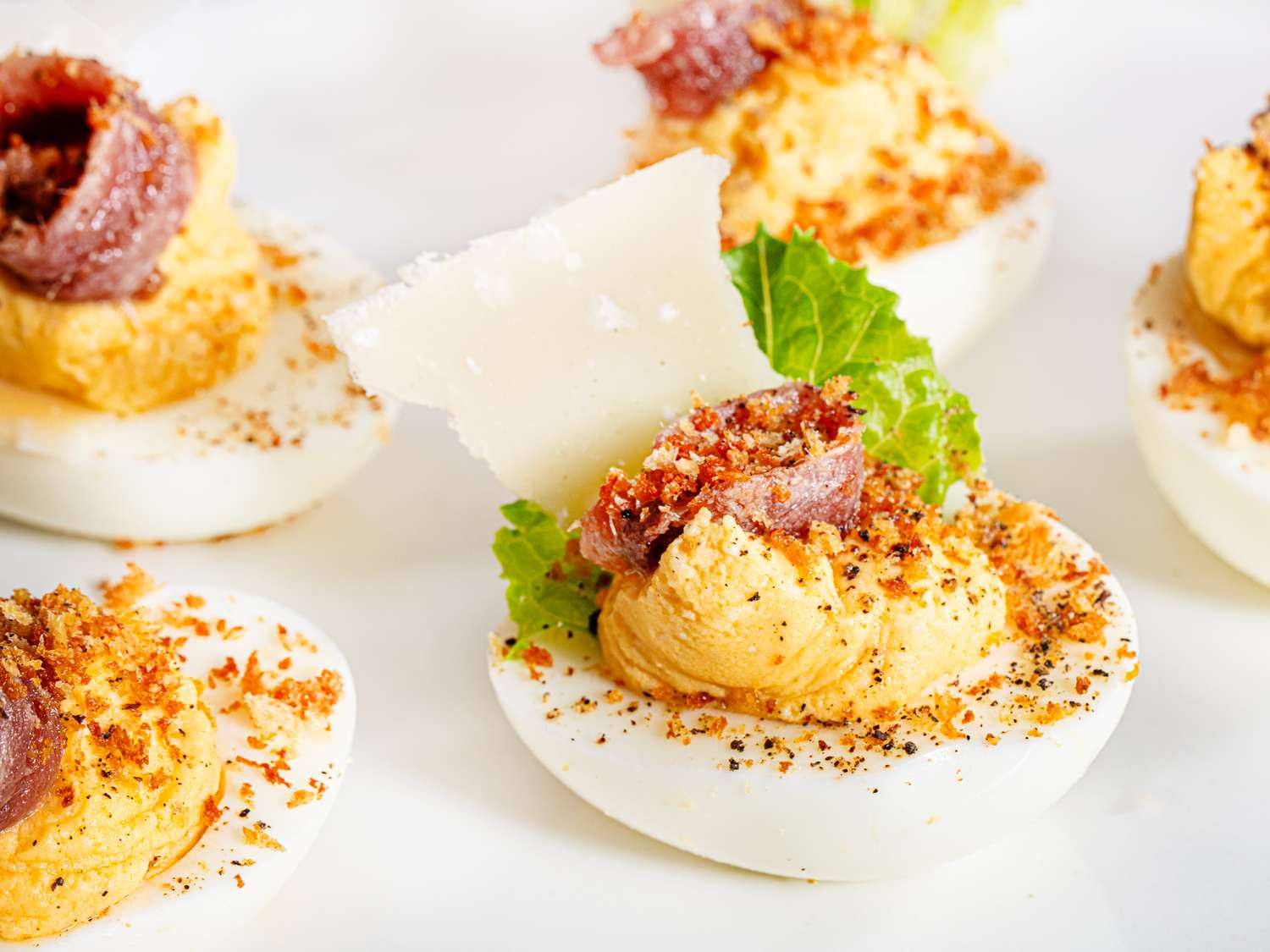 Side view of caesar deviled eggs