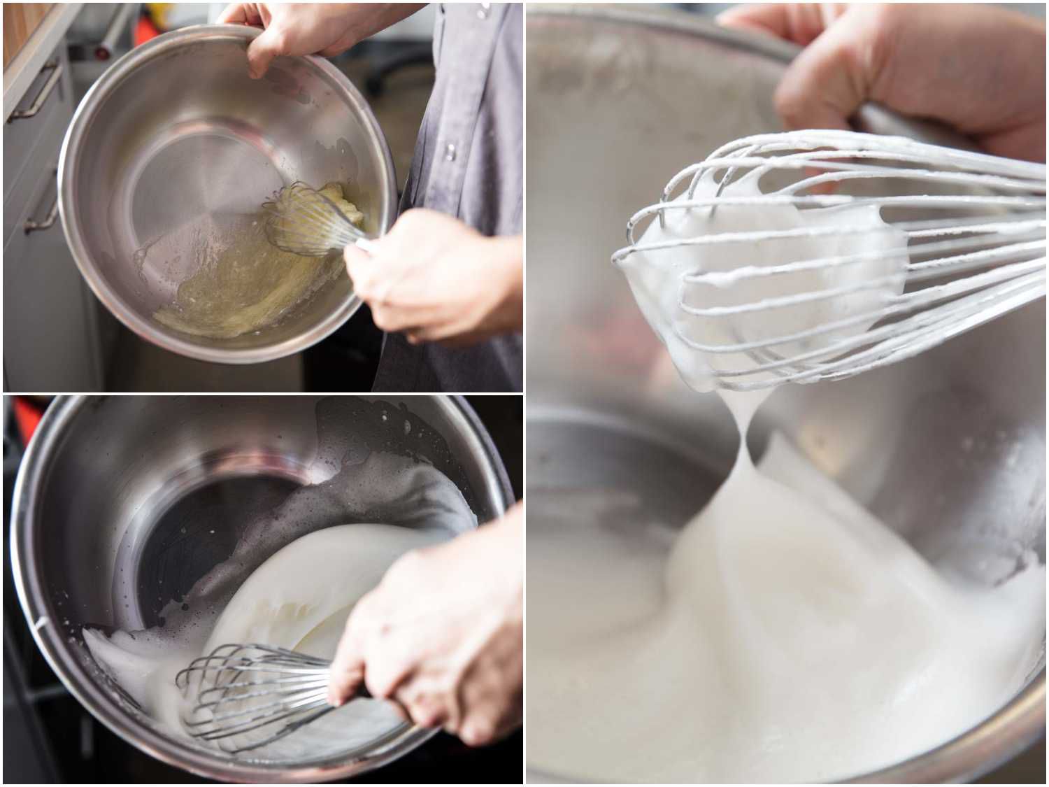 A 3-image sollage of beating egg whites with a whisk until firm, glossy peaks appear.