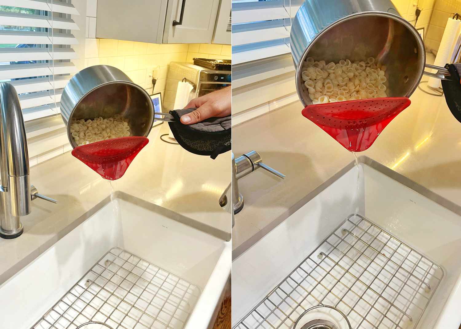 A person using a pasta strainer to strain pasta out of a saucepan.