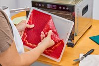 A person peeling fruit leather from a food dehydrator tray