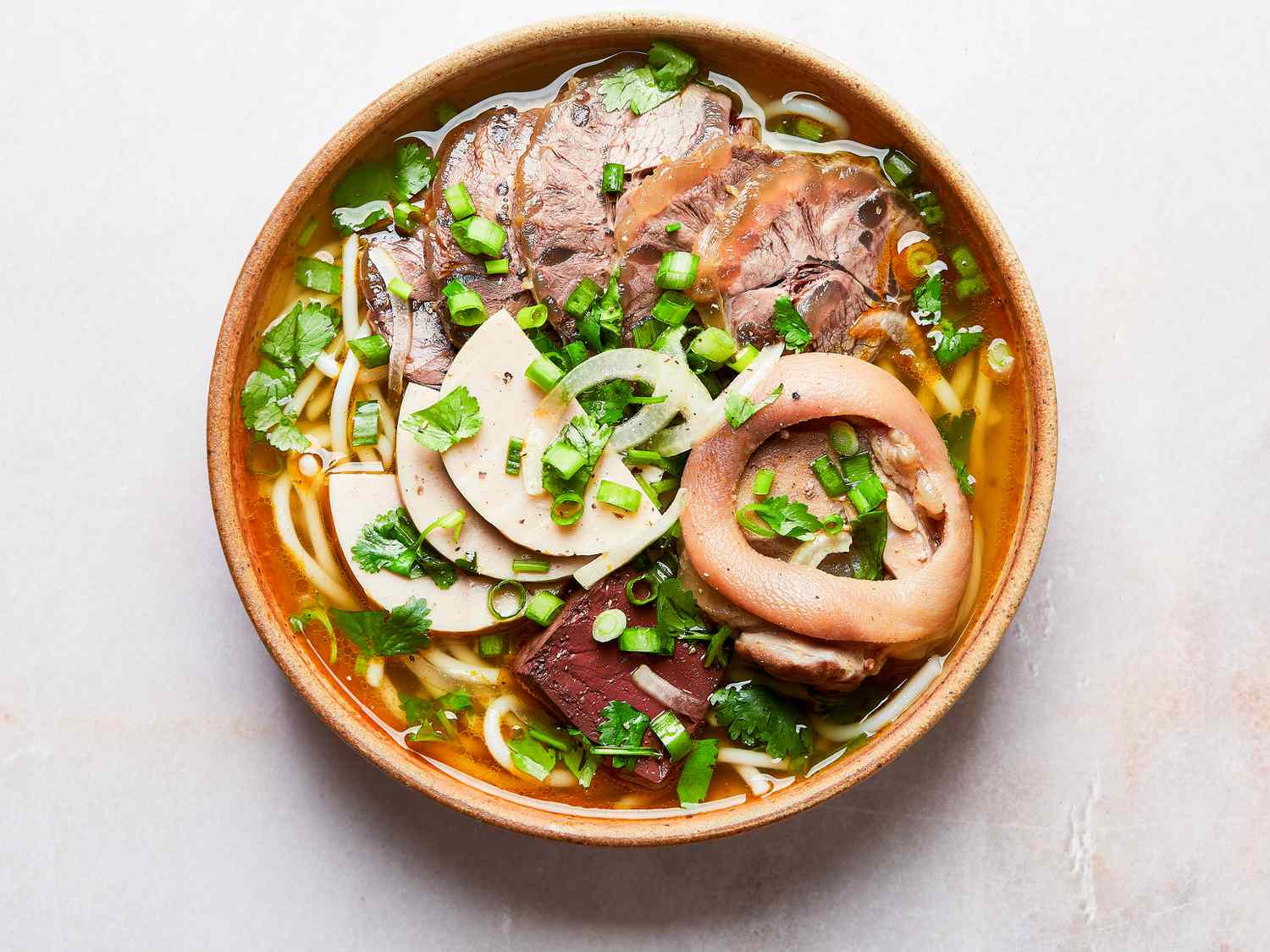 Overhead view of finished Bun Bo Hue 