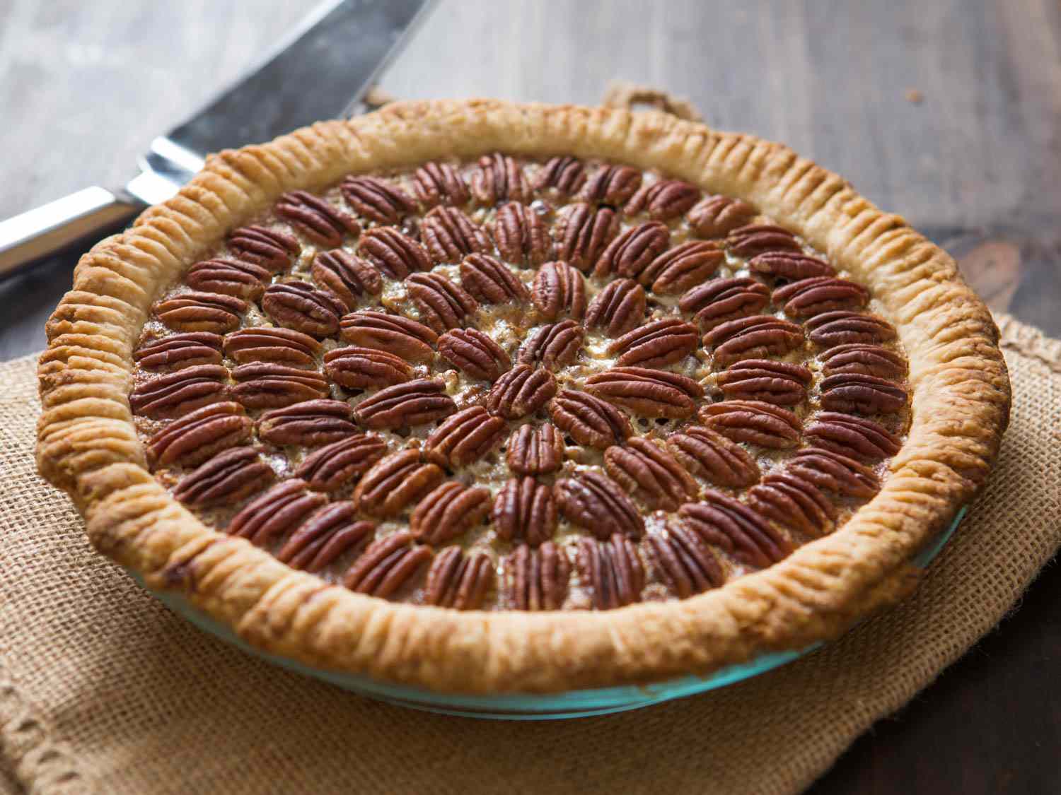 Finished pecan pie, ready to serve.
