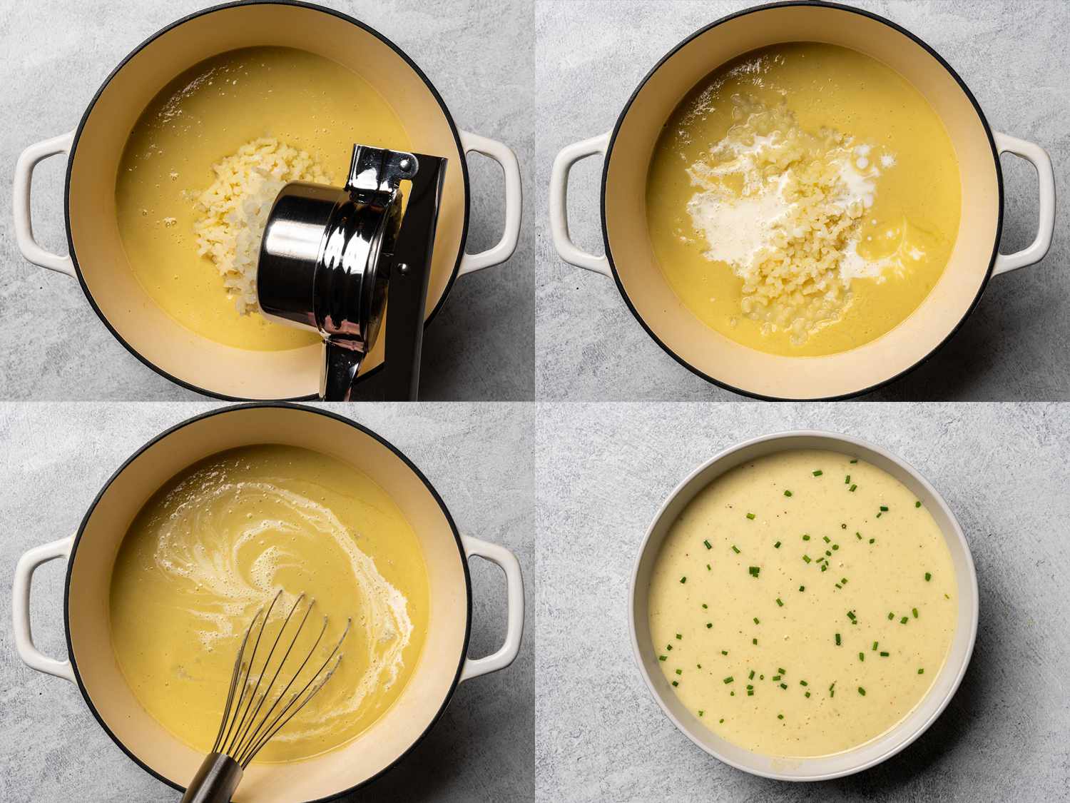 A collage: Potatoes being processed with a ricer, then added to the blended soup. Cream is whisked in. A bowl of soup garnished with chopped chives. 